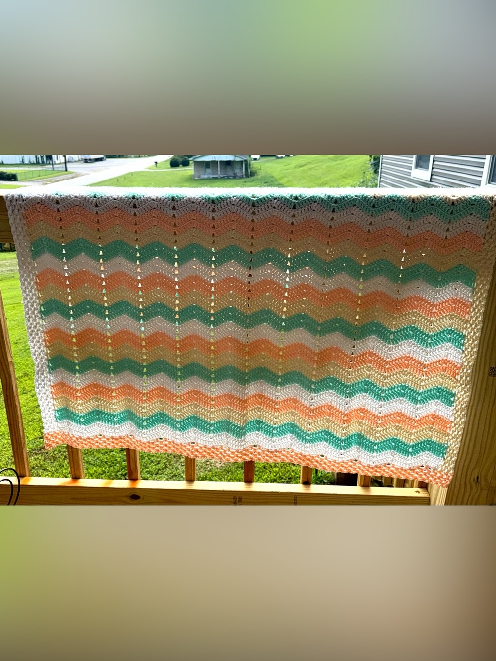 Vintage handmade crochet pastel chevron afghan blanket 44x45